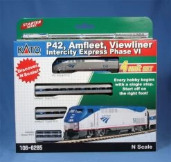 Kato 106-6285-1, N Scale Amfleet, Phase VI Viewliner Intercity Express 4 Unit Starter Series Train Set, With Lighted Cars And Amtrak Phase V GE P42, Std. DC, #150