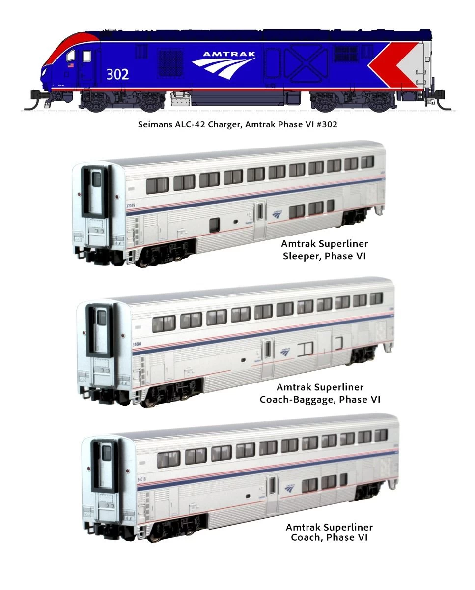 Kato 10-1788-S, N Scale ALC-42 & Superliner Ph VI 4-Unit Starter Series Set, W SoundTraxx DCC, Amtrak #302 1 Kato 10-1788-S, N Scale ALC-42 & Superliner Ph VI 4-Unit Starter Series Set, W SoundTraxx DCC, Amtrak #302