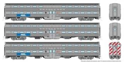 Rapido 145004, Budd Gallery Bi-Level Commuter Cab Coach & 2 Coach Set, Metra Set #1, Cab #798 Coaches #773, 768, Burlington Lettering