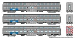 Rapido 145008, Budd Gallery Bi-Level Commuter Cab Coach & 2 Coach Set, Metra BNSF Set #2, Cab #808 Coaches #750, 777, BNSF Lettering