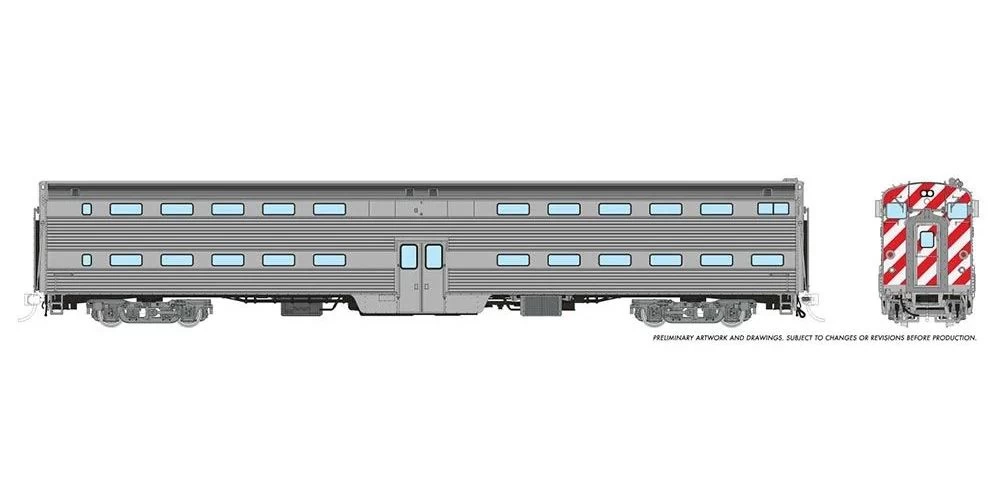 Rapido 145098, Budd Gallery Bi-Level Commuter Cab Coach, Painted, Unlettered Stainless, White, Orange 1 Rapido 145098, Budd Gallery Bi-Level Commuter Cab Coach, Painted, Unlettered Stainless, White, Orange